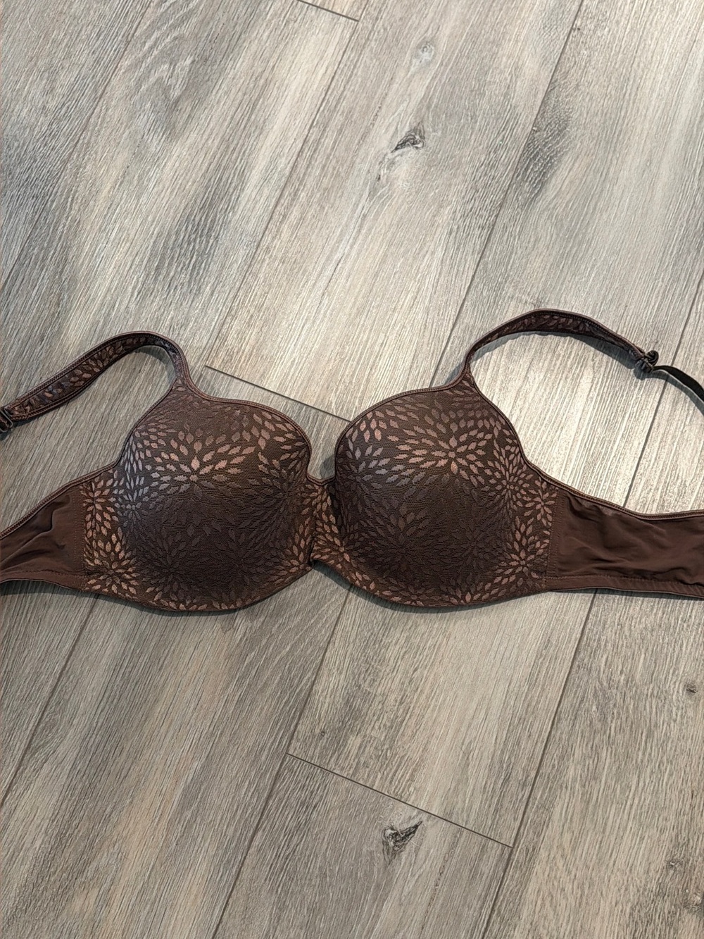Playtex Brown Lace-Print T-Shirt Bra with Floral Lace Overlay